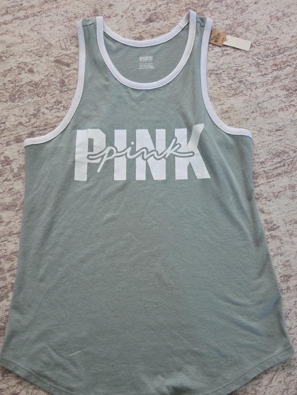 PINK Victoria's Secret Sage Green Tank with White Logo Trim
